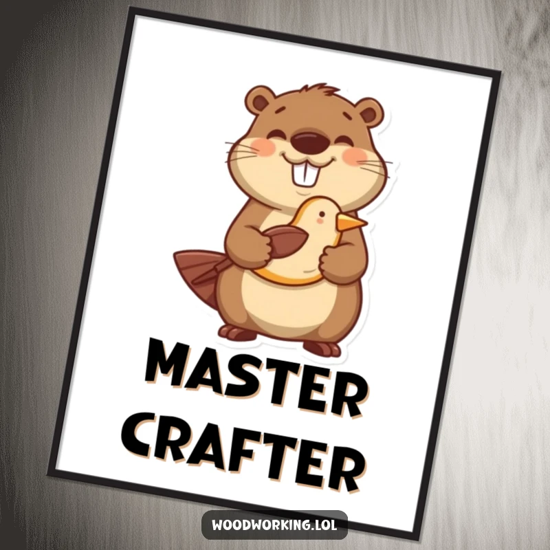 Funny poster of a happy beaver proudly presenting a perfectly carved wooden bird, a humorous piece for decor.