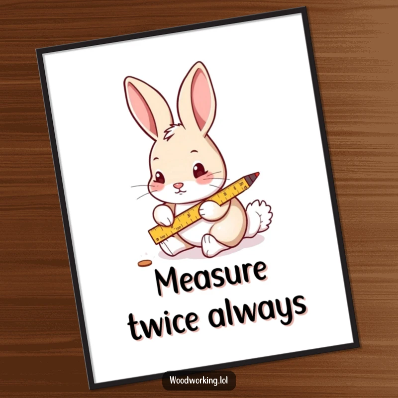 Funny poster featuring a curious rabbit carefully measuring wood with a ruler and pencil, ideal for craft rooms.