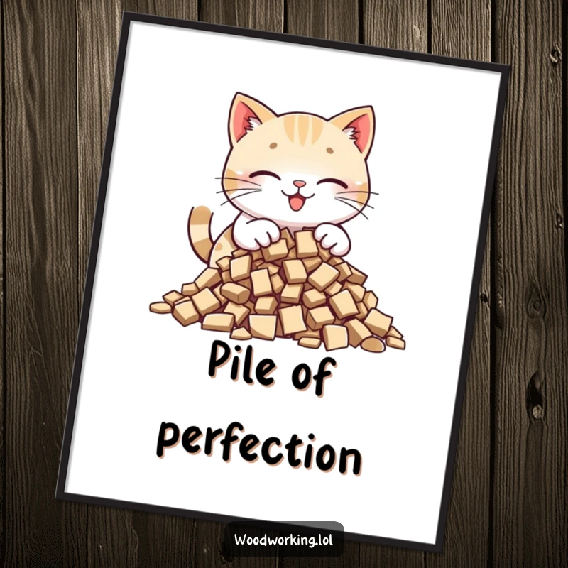 Funny cat poster of a happy cat carefully placing wood chips into a neat pile, showcasing meticulous craftsmanship and feline focus.