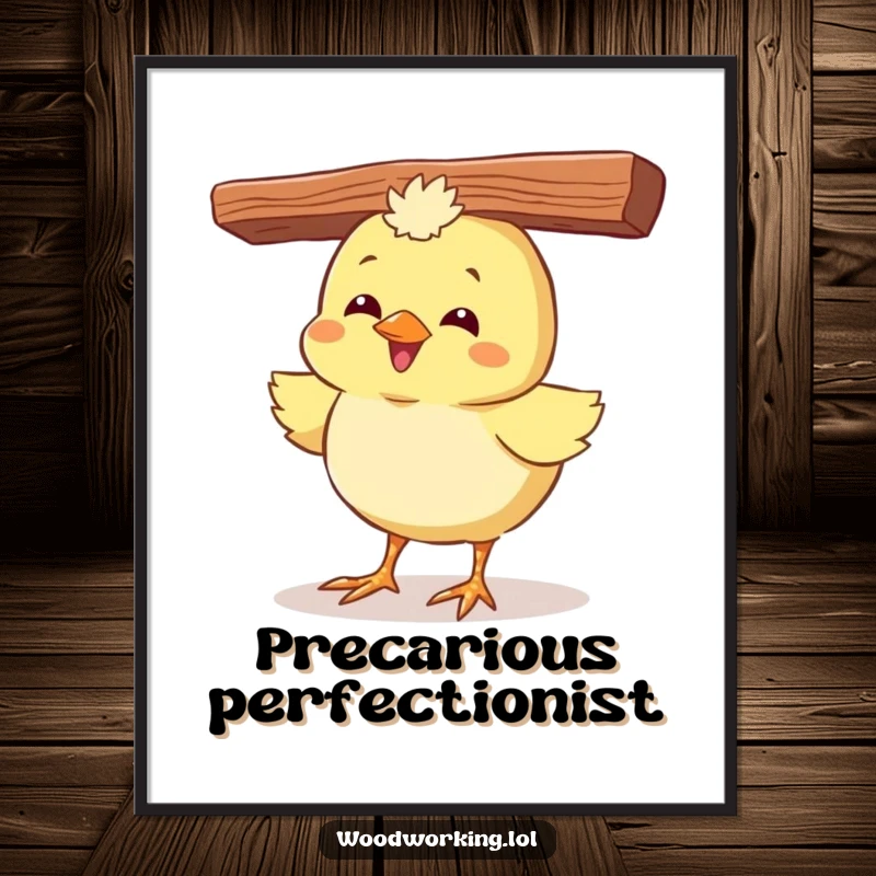 Funny poster depicting a giggling chick balancing a plank on its head, conveying cheerful absurdity.
