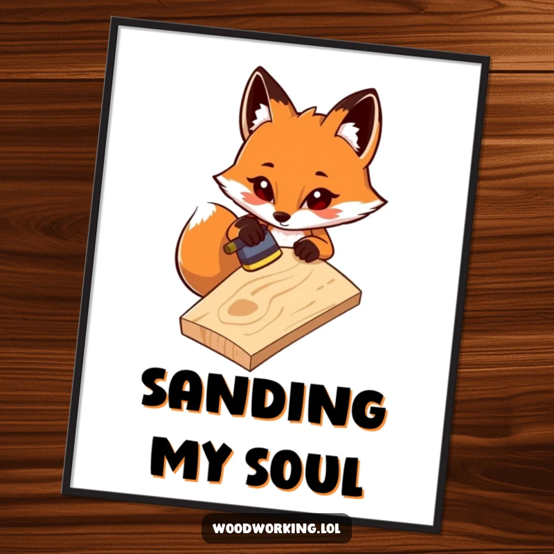 Funny poster: A determined fox sands a wooden plank with intense focus, showcasing woodworking precision and humorous artistry for wall decor.