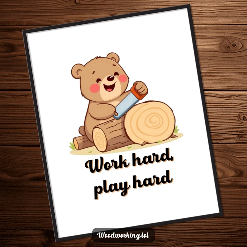 Funny bear poster of a happy, large brown bear enthusiastically sawing a log with a tiny handsaw, radiating cheerful industry.