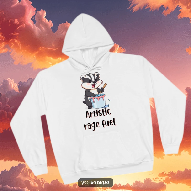 Funny badger artist hoodie, enthusiastically stirring paint in a bucket, depicted with vibrant energy and a humorous, creative spirit.