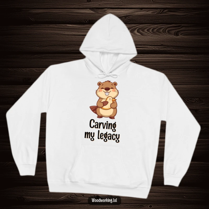 Funny hoodie featuring a happy beaver proudly holding a perfectly carved wooden bird, ideal for cozy humor.