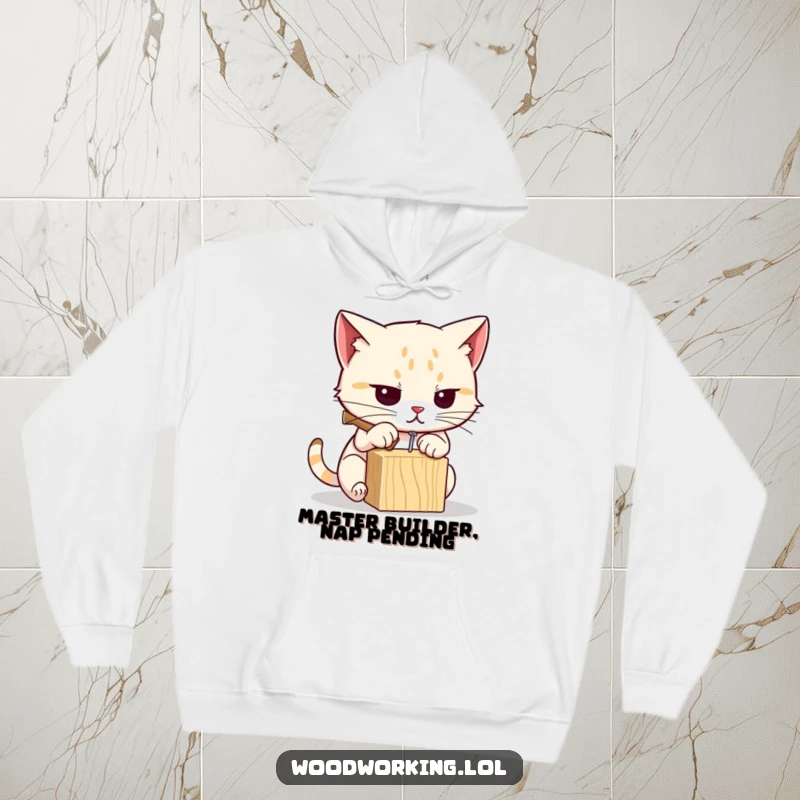 Funny cat hoodie featuring a focused cat hammering a tiny nail into wood, celebrating DIY spirit with warmth and humor.
