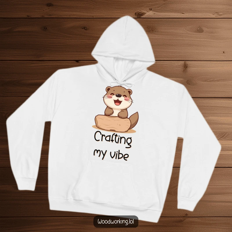 Funny otter sanding a wooden shape with a satisfied puff, depicted on a cozy hoodie for ultimate comfort.