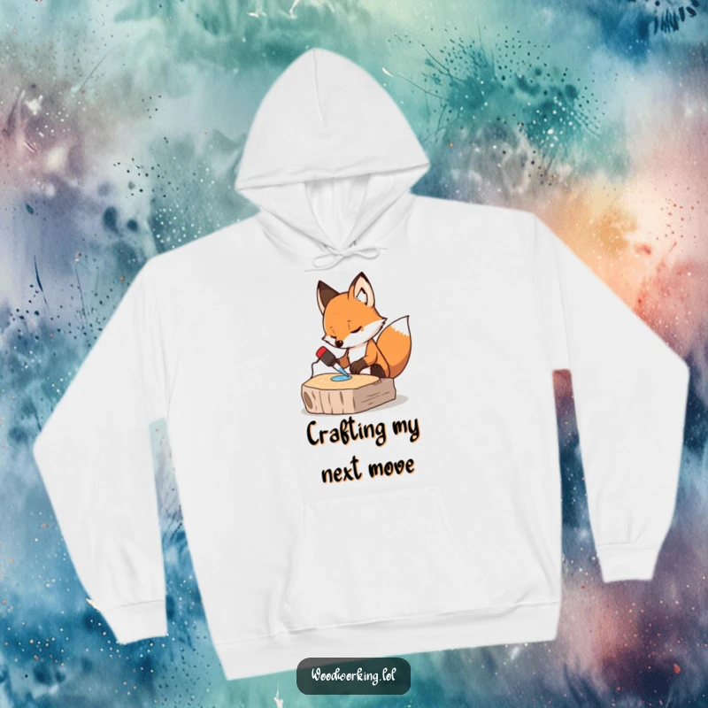 Funny hoodie: a determined fox focused on gluing wood, a humorous depiction of dedication and DIY, ideal for crafters.