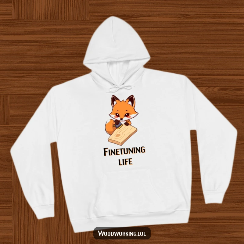 Funny hoodie: A determined fox sands a wooden plank with care, offering cozy woodworking humor and focus for workshop enthusiasts as a gift.