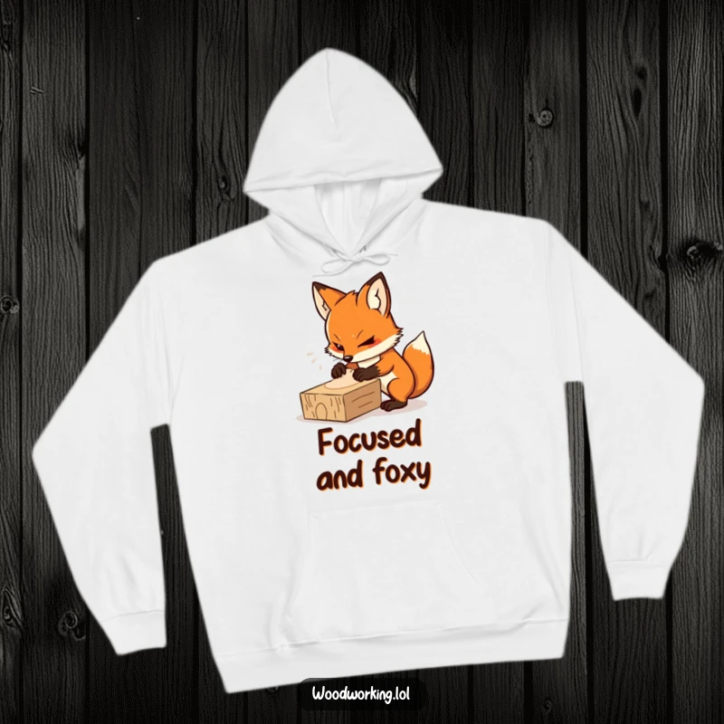 Funny hoodie depicting a determined fox intently sanding a wooden plank, perfect for cozy focus.