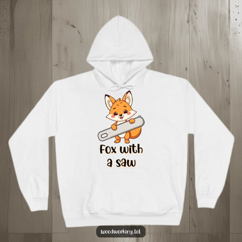 Funny hoodie featuring a cheerful cartoon fox smiling and holding a comically large saw, cozy and humorous.