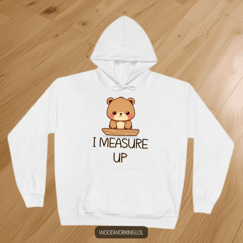 Funny Bear Carpenter Hoodie featuring a focused bear using a level on wood, a cozy and humorous gift for builders.