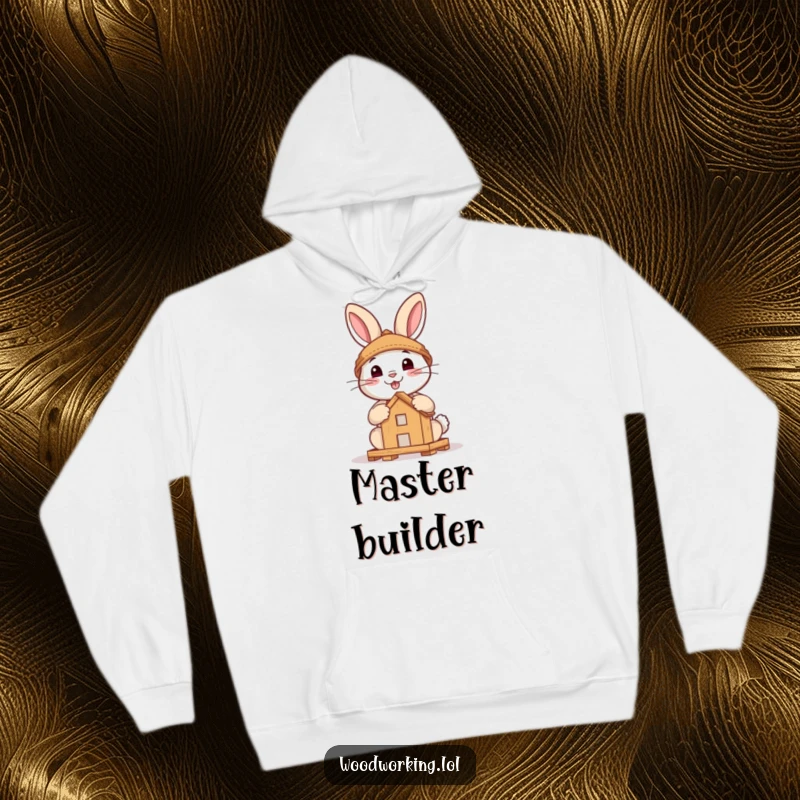 Funny hoodie showcasing a brave rabbit happily constructing a miniature wooden structure, embodying a cheerful builder's spirit.