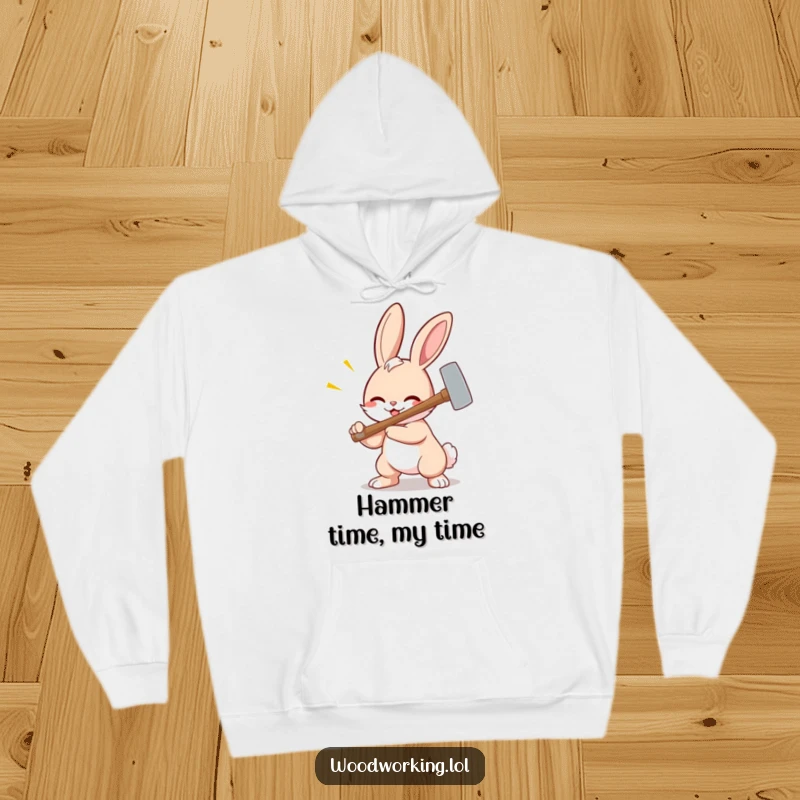 Funny bunny hoodie, a cheerful cartoon bunny using a hammer with excessive force, perfect for cozy, humorous wear.