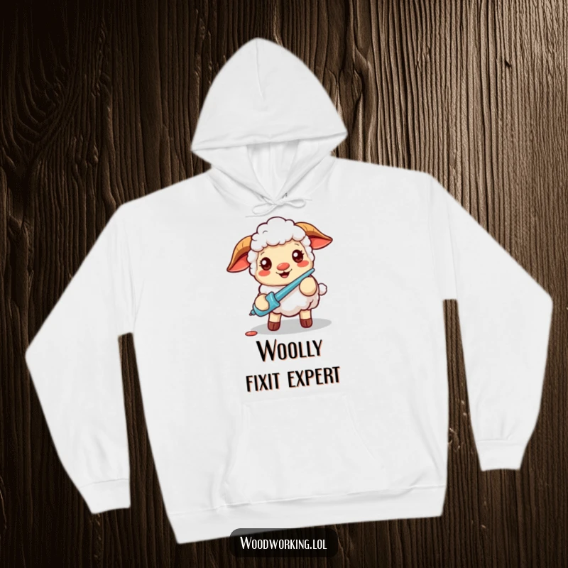 Funny hoodie print of a cheerful sheep with a screwdriver, radiating focus and joy, perfect for a cozy and humorous vibe.