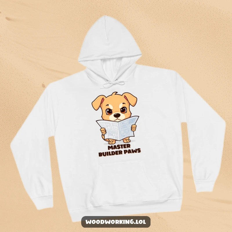 Funny Dog Hoodie: A determined dog focused on a blueprint, perfect for chilly days, a funny gift.