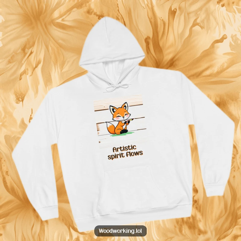 Funny playful fox carefully painting a colorful design on a wooden plank, perfect for a hoodie.