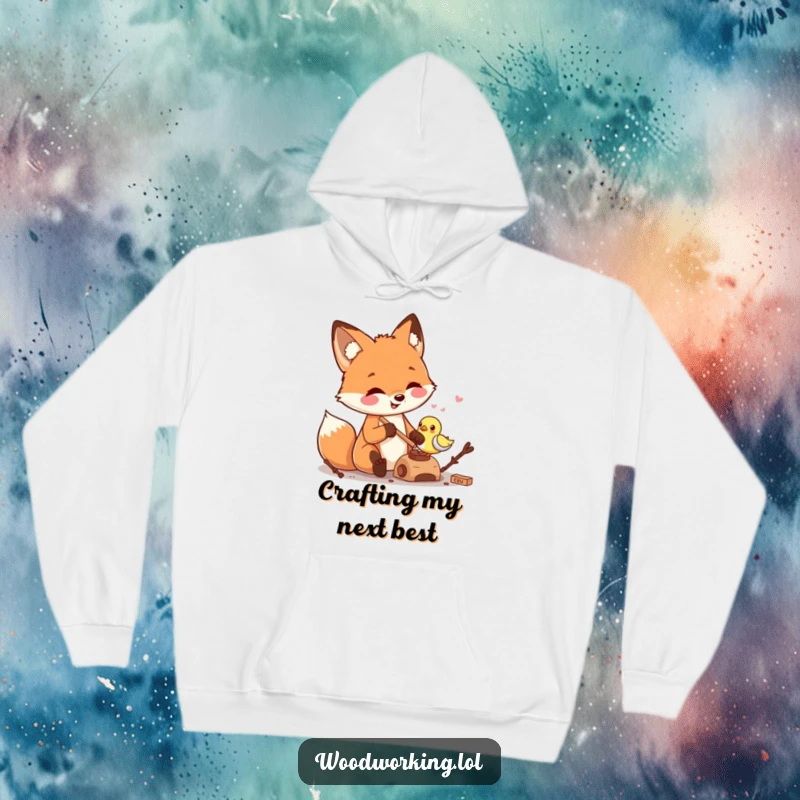 Funny fox artist hoodie, skillfully carving a miniature wooden bird, exuding warmth and a humorous dedication to fine craftsmanship.