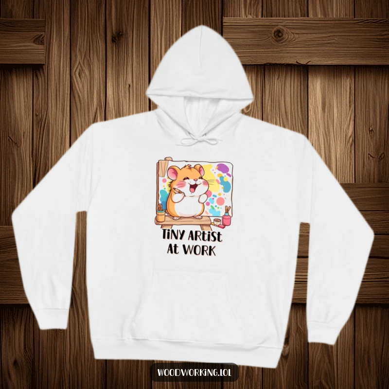 Funny hamster hoodie featuring a giggling hamster diligently painting a colorful mural on a wooden board, radiating artistic joy.