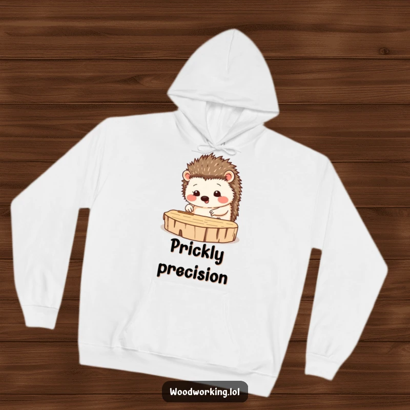 Funny, cozy hoodie featuring a happy hedgehog meticulously measuring wood, ideal for crafters and detail-oriented individuals.