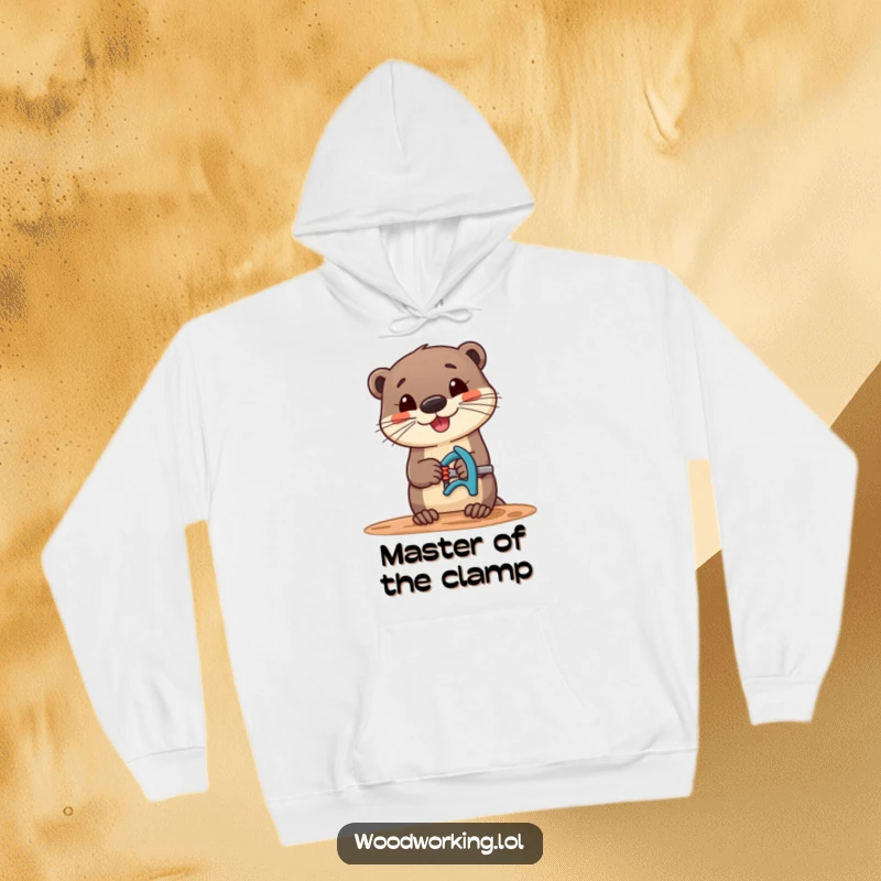 Funny hoodie displaying a cheerful otter using a clamp on wood, showcasing a cute and humorous DIY spirit.