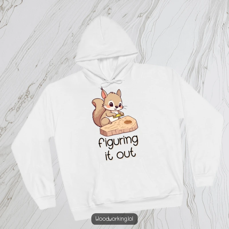 Funny squirrel measurer hoodie, curiously measuring wood, combining warmth with a touch of precise humor.