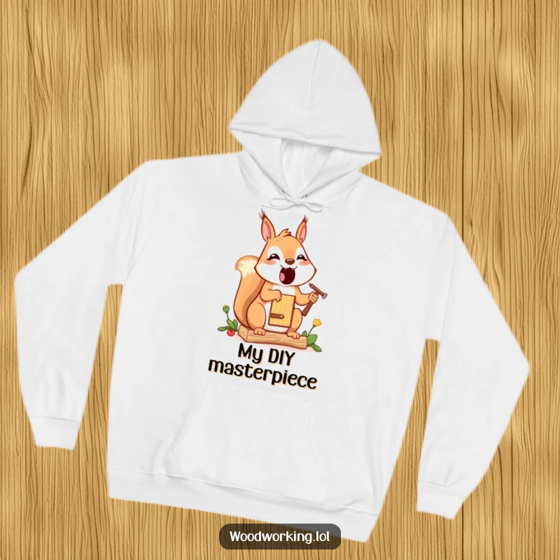 Funny squirrel hoodie, a cheerful cartoon squirrel focused on painting a miniature birdhouse, showcasing artistic passion.