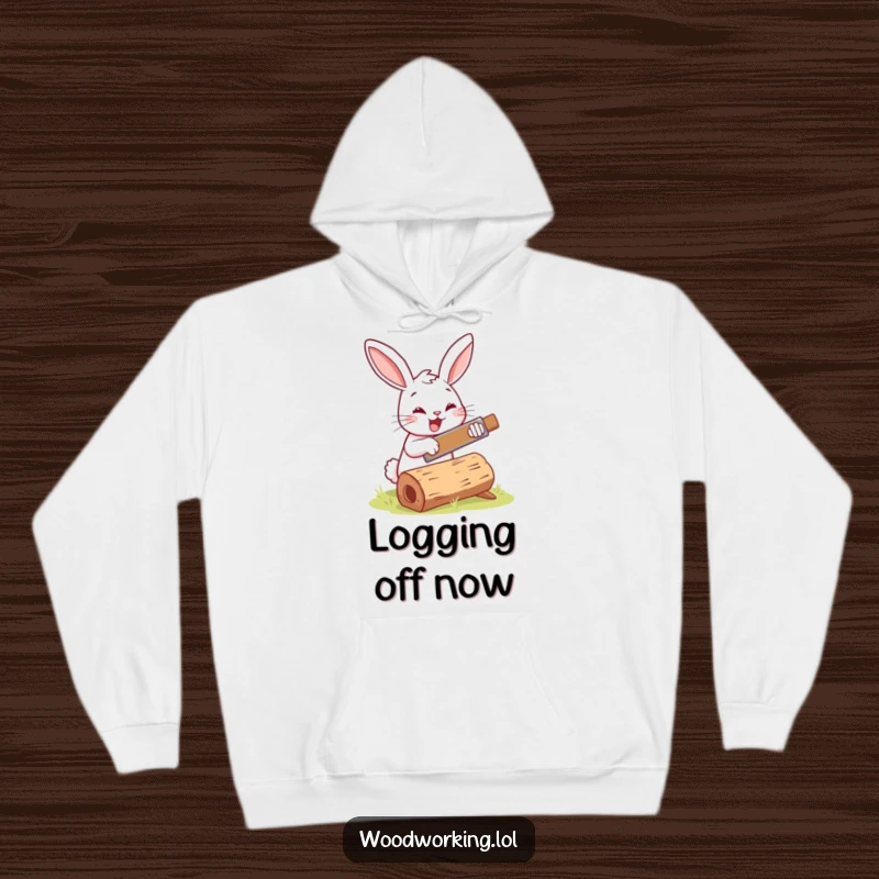 Funny bunny woodworker hoodie, happily sawing a log, combining warmth with a touch of playful humor.