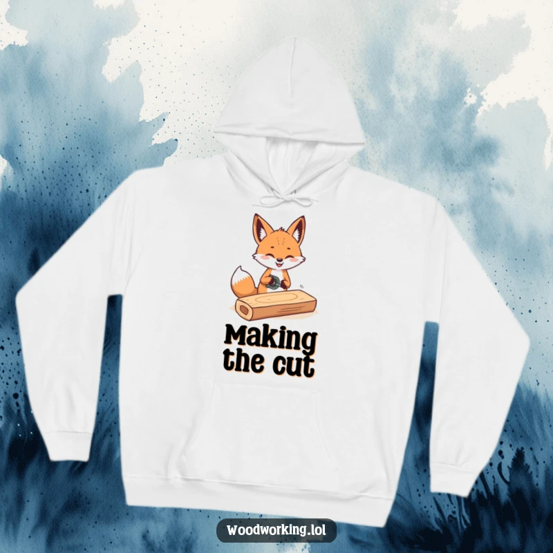 Funny hoodie design of a cheerful fox sawing a plank of wood with rhythmic movements, perfect for crafters.
