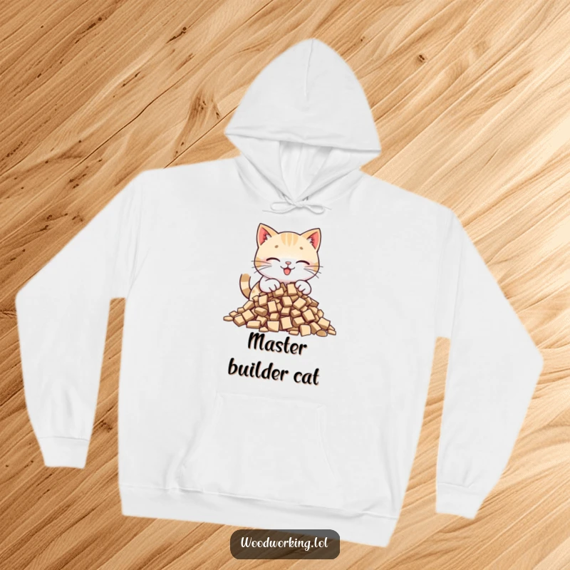 Funny cat hoodie featuring a happy cat carefully placing wood chips into a pile, embodying dedication to detail and cozy hobbies.