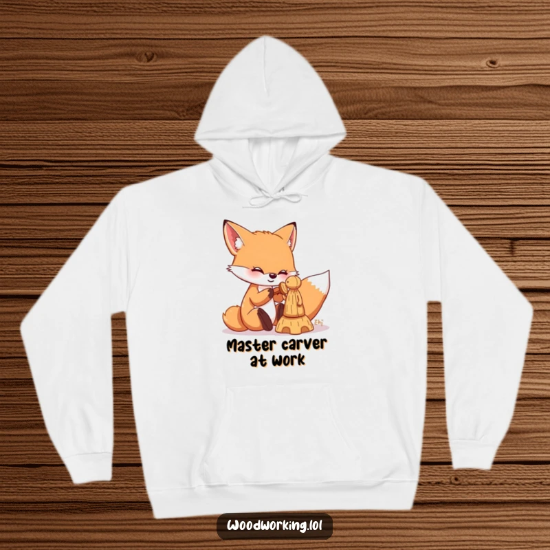 Funny fox hoodie featuring a playful fox happily chiseling a wooden figure, offering warmth and humorous crafting vibes.
