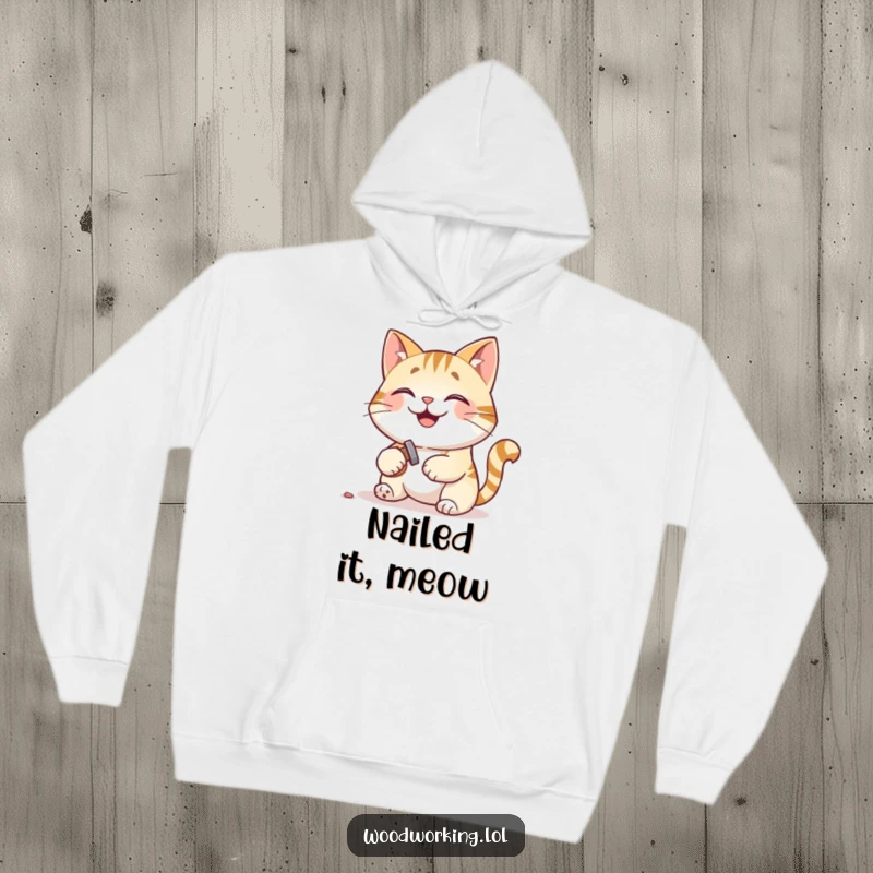Funny, warm hoodie with a pleased cat hammering a tiny nail, embodying DIY satisfaction and comfort.