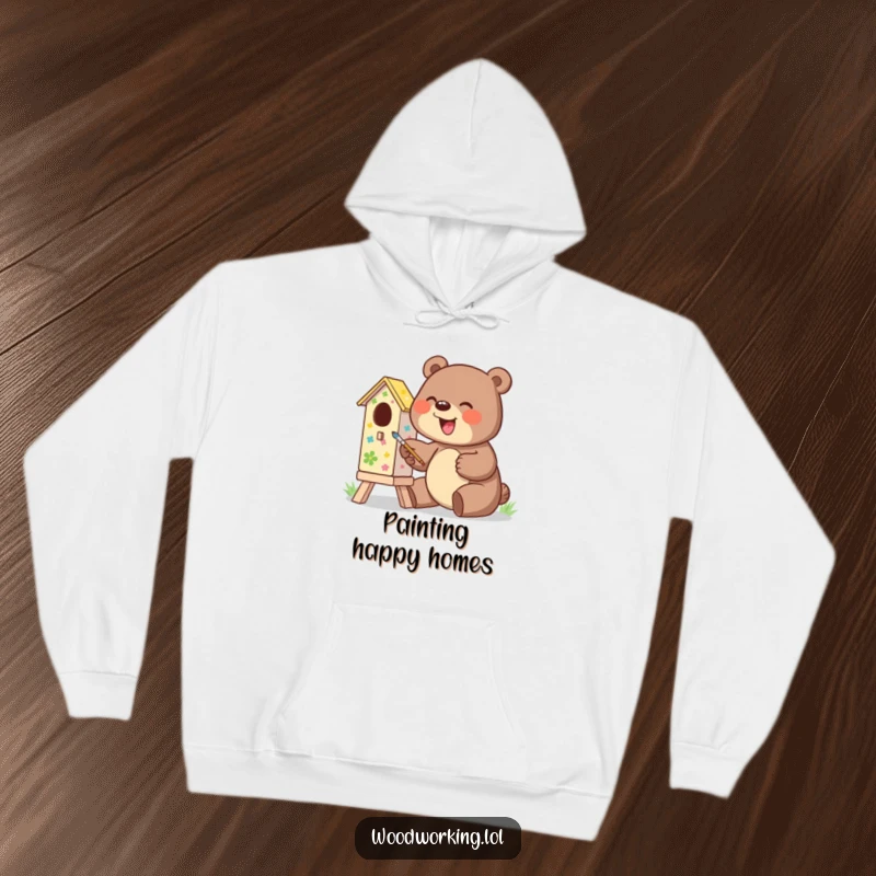 Funny hoodie depicting a giggling bear excitedly painting a colorful birdhouse, perfect for cozy creativity.