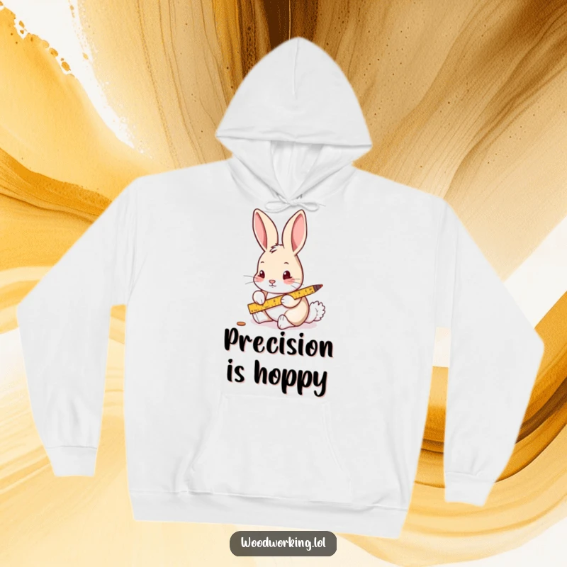 Funny hoodie design of a curious rabbit carefully measuring wood with a ruler and pencil, perfect for planners.