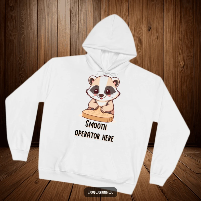 Funny hoodie design of a badger with intense concentration sanding a piece of wood, perfect for crafters seeking humor.
