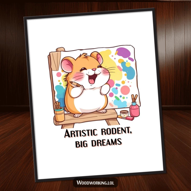 Funny Free Printable Wall Art: A giggling hamster creates a vibrant mural on a wooden board with artistic flair.