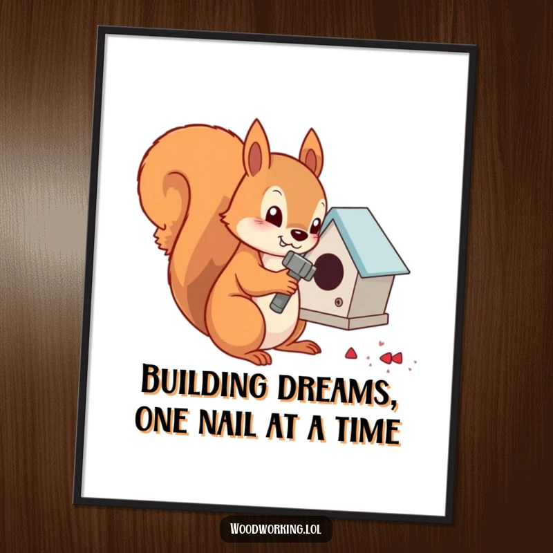 Funny Free Printable Wall Art: Determined squirrel focused on hammering nails into a tiny birdhouse, embodying DIY spirit.