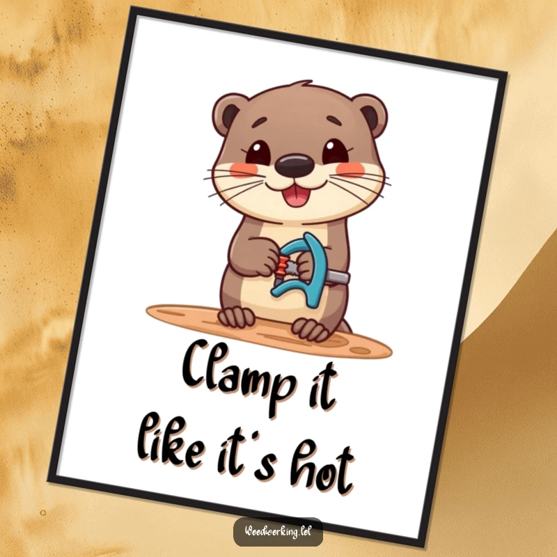 Funny Free Printable Wall Art: Cheerful otter masterfully clamps wood, a humorous DIY decor statement.