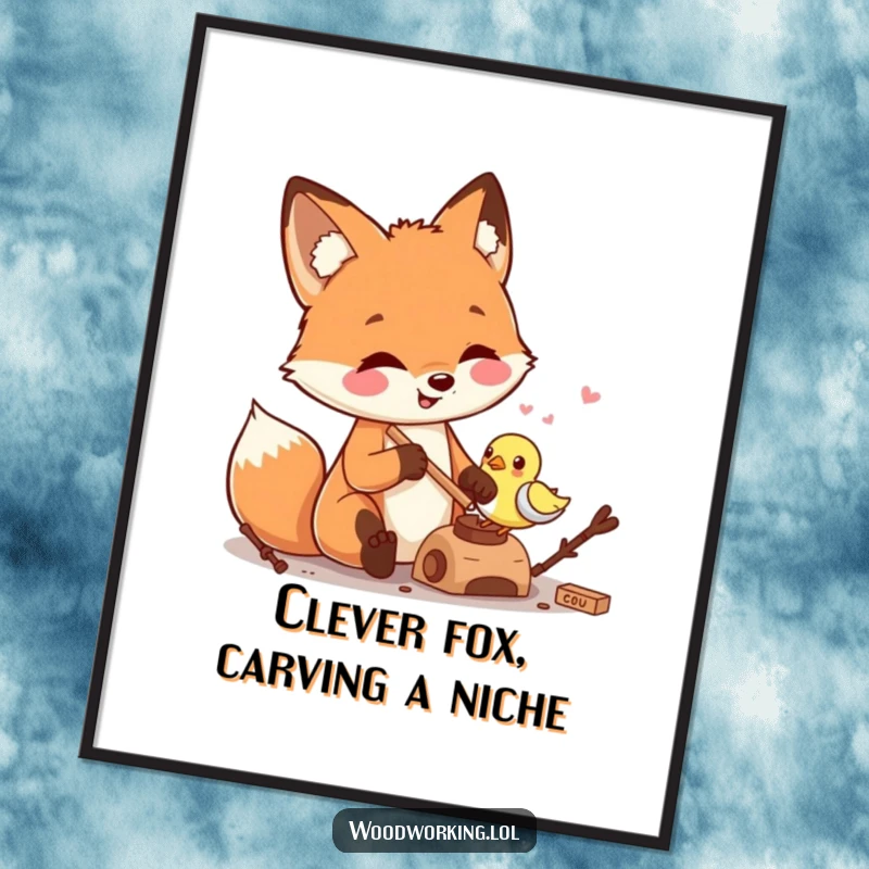 Funny Free Printable Wall Art: A smiling fox skillfully carving a delicate wooden bird, adding a touch of woodland artistry.