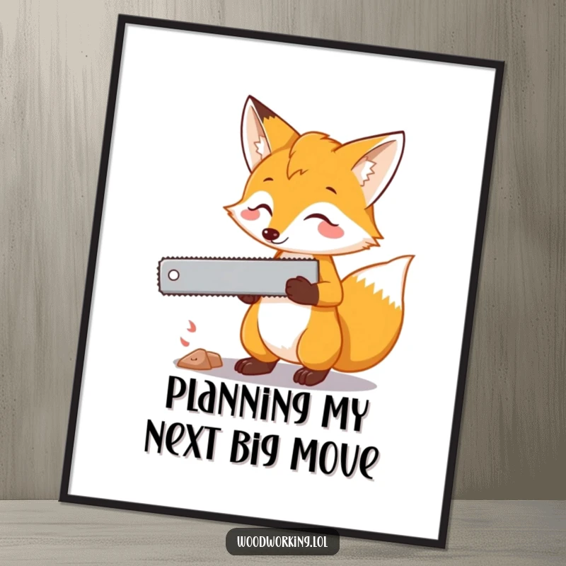 Funny Free Printable Wall Art: A curious fox holding a saw, contemplating its next clever project with a look of sharp intelligence.
