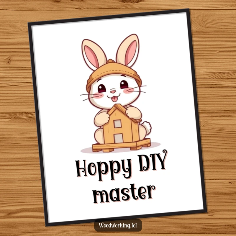 Funny Free Printable Wall Art: A brave rabbit smiles while assembling a small wooden structure, embodying DIY spirit.