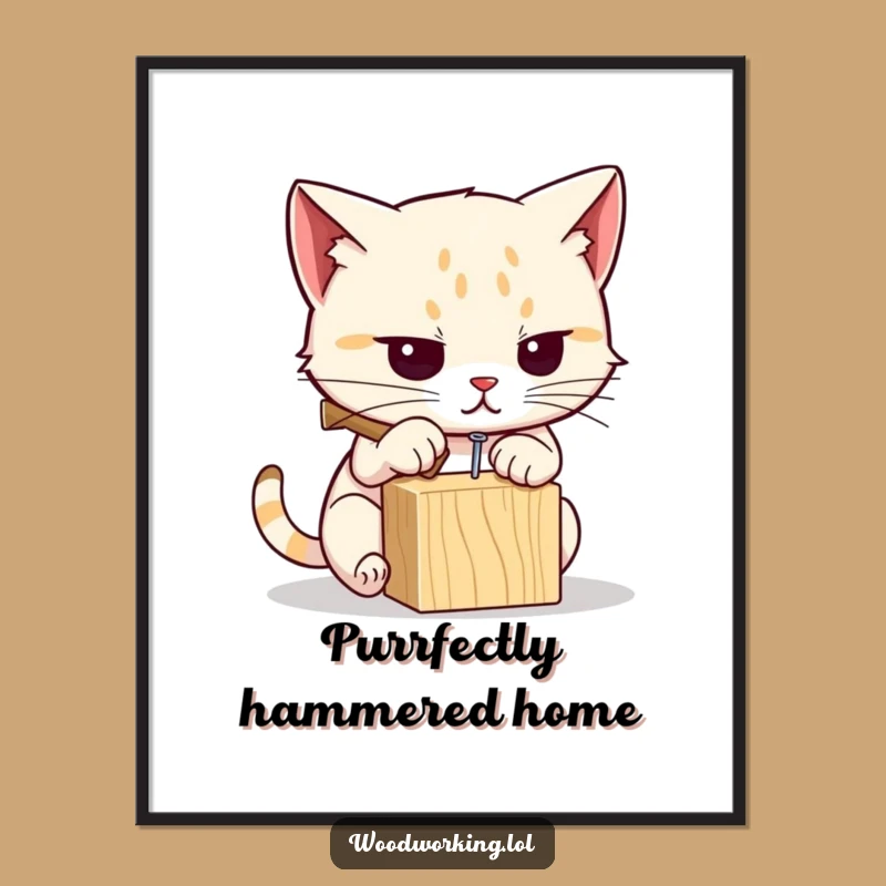 Free Printable Wall Art: Determined Cat Hammering Nail Funny Downloadable Gift