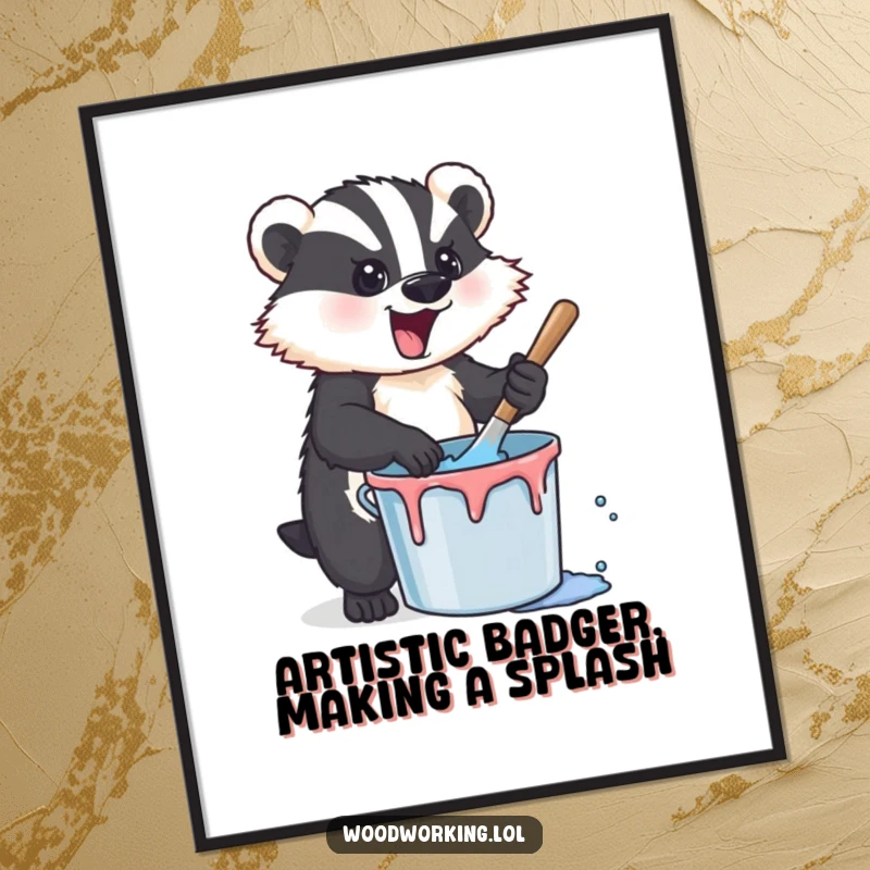 Funny Free Printable Wall Art: An energetic badger artist wildly stirring bright paint in a bucket, creating a masterpiece of chaos.