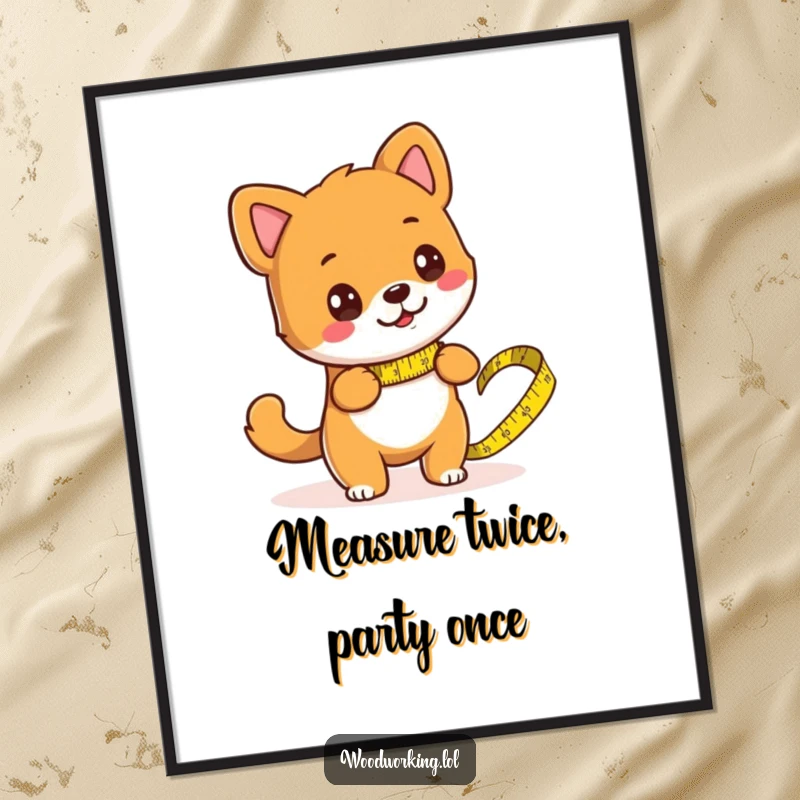 Funny Free Printable Wall Art: A dog humorously measuring wood planks with a large tape measure, capturing playful DIY spirit.