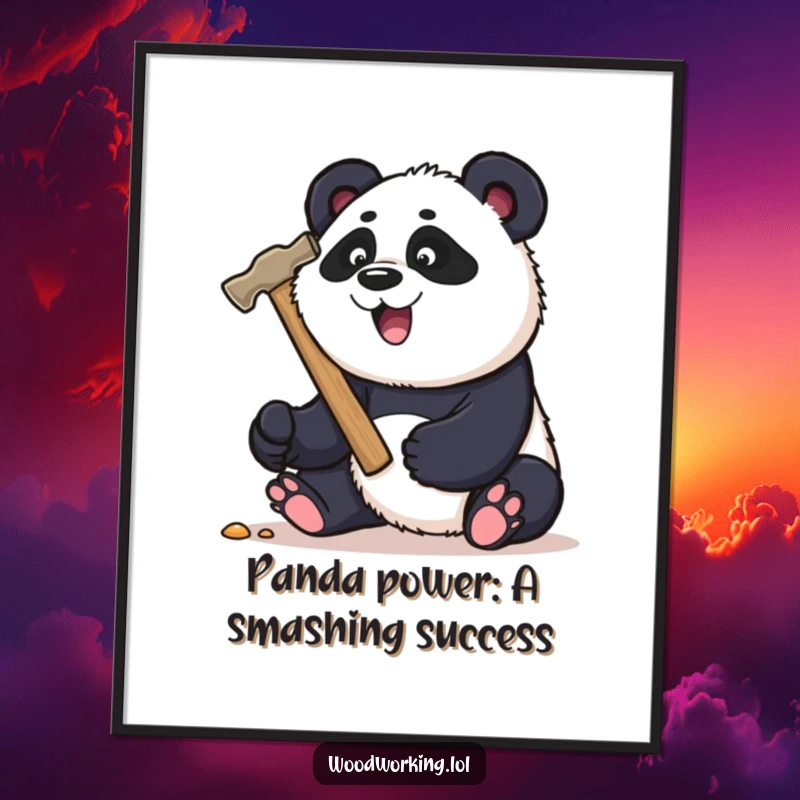 Funny Free Printable Wall Art: Playful panda hammering a nail with a comically large hammer.