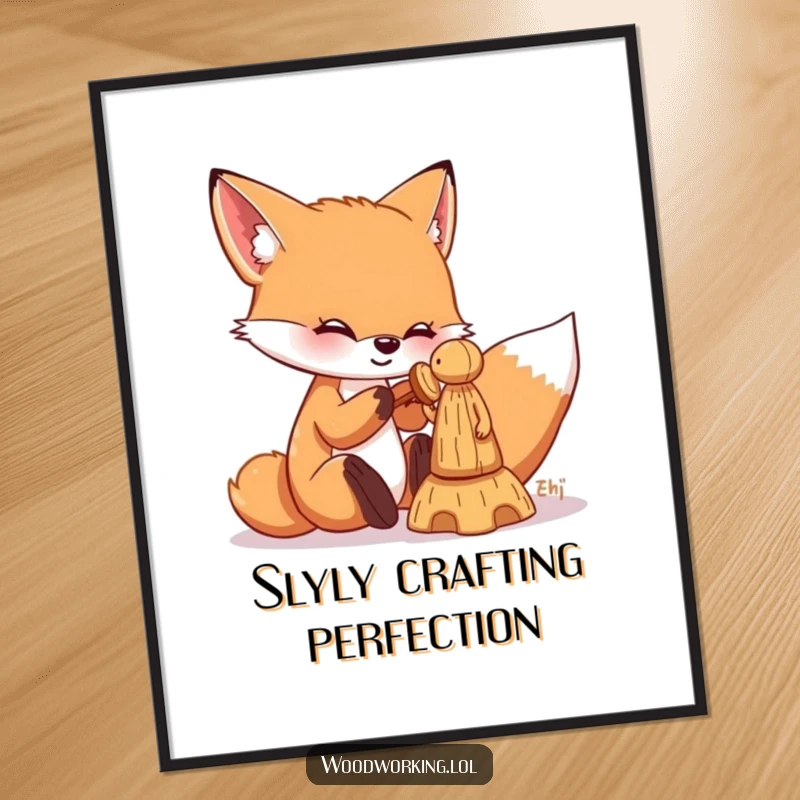 Funny Free Printable Wall Art: Playful fox happily chiseling an intricate wooden figure, a charming piece of DIY downloadable art.