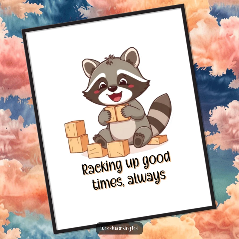 Funny Free Printable Wall Art: A jolly raccoon happily stacking wooden blocks, creating a scene of playful creativity.