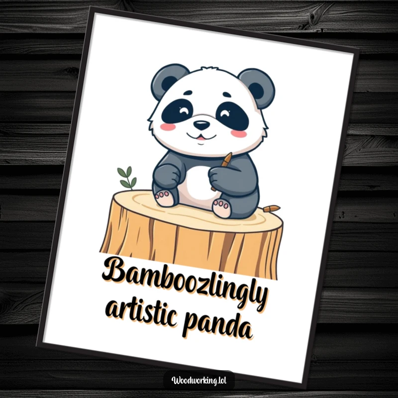 Funny Free Printable Wall Art: A silly panda intricately carves a delicate design into a piece of wood.