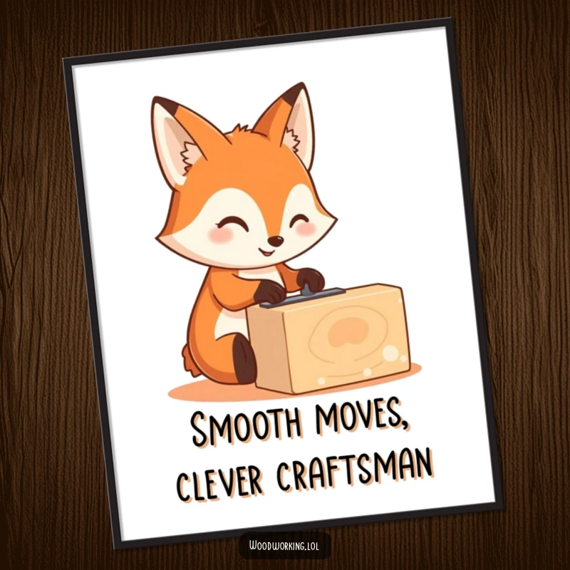 Funny Free Printable Fox Woodworker Wall Art: Cute fox smiling, carefully sanding wood, showcasing skillful artistry.