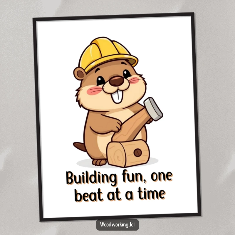 Funny Free Printable Wall Art: A happy beaver wearing a small hard hat hammering a wonky wooden toy with focus.