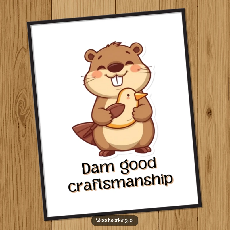 Funny Free Printable Wall Art: Happy beaver proudly holds his meticulously carved wooden bird, a charming piece.
